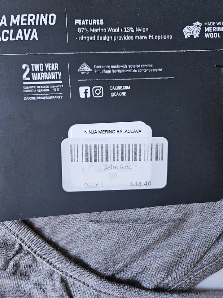 Dakine Ninja Marino Balaclava 男女通用 O/S 灰色 美利奴羊毛制造 全新 — 第 3/3 张图片