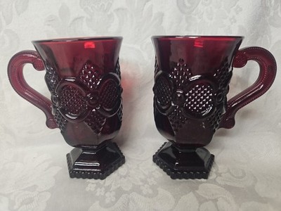 AVON Ruby Red Cape Cod Glass Pedestal Mugs Set Of 2 Cup 5'' Textured