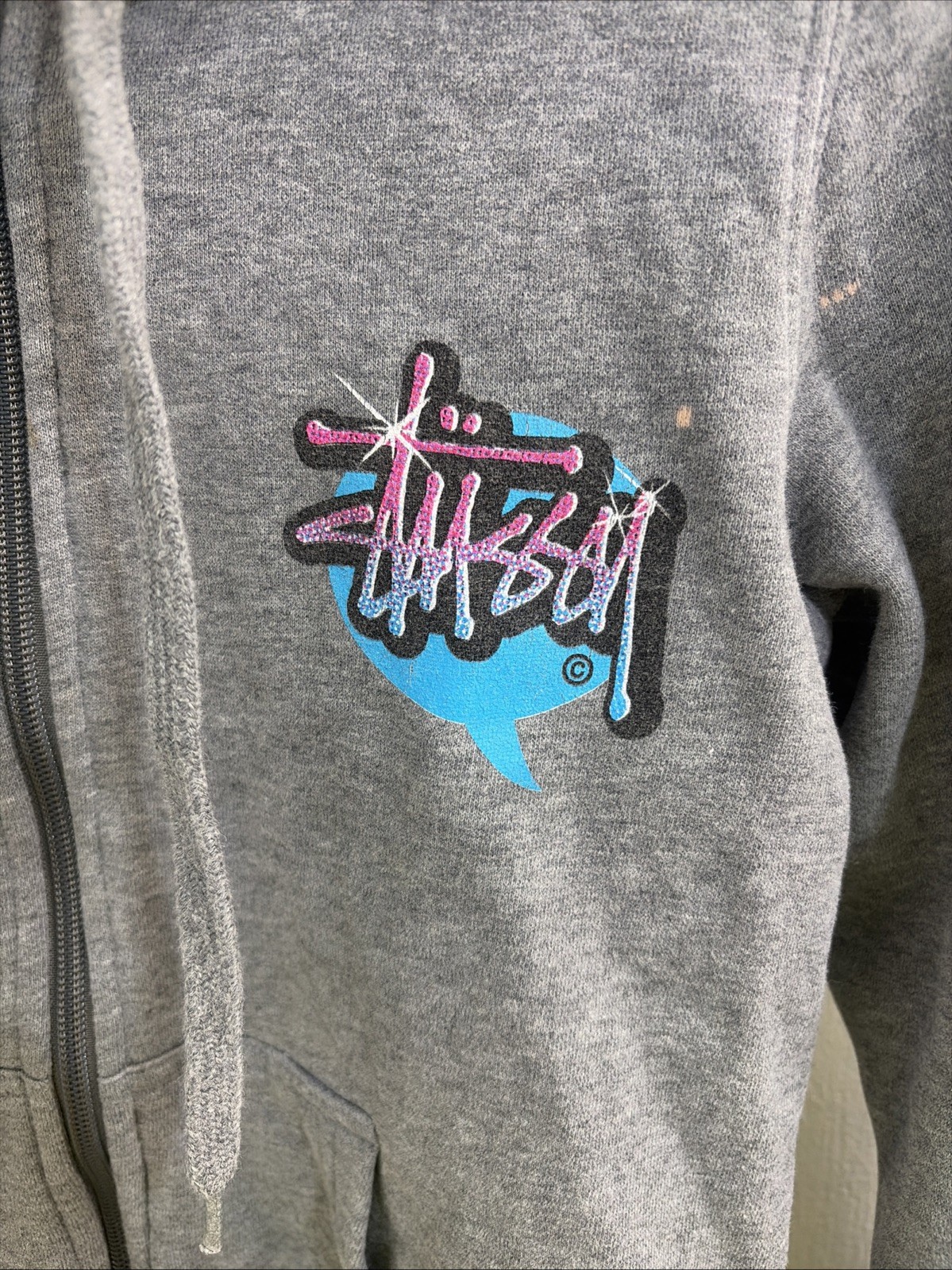 Stussy Gray Full Zip Hoodie Logos Front And Back Size Extra Small thumbnail 3