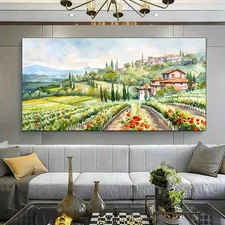 Rolling Hills Vineyards and Cypress Trees Unframed Canvas Painting for Living