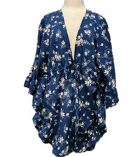 Time and Tru Women's Size L/ XL Blue Floral Print Drawstring Ruffle Kimono