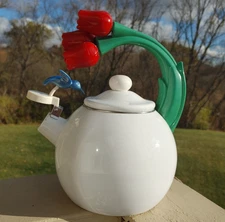 Vintage Ancona Whistling White Enamel Kettle Hummingbird Tulips Teapot RUST!