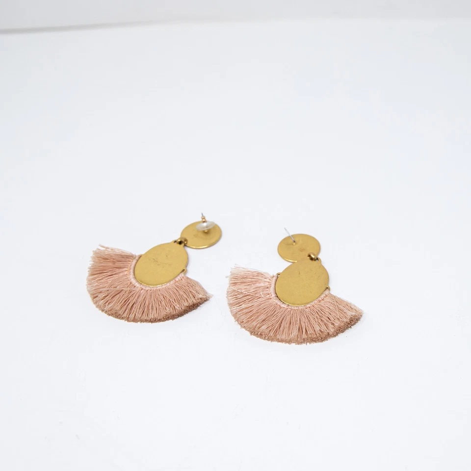 India Hicks Thread Drop Fringe Tassel Hammered Gold Statement Earrings Pink - Image 2 of 2