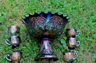 ANTIQUE FENTON ORANGE TREE CARNIVAL GLASS ROUND PUNCH SET - BLUE