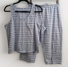 Lauren Ralph Lauren Women M 2 Pc Pajama Lounge Set Blue Stripes Sleeveless Crop