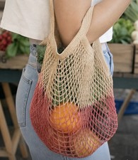 Cotton Mesh Market Tote Bag Dip Dye Pink Cream Reusable Grocery Beach