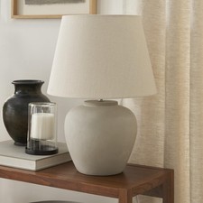 Elegant Light Gray Table Lamp 20In Ceramic Base White Linen Shade Modern Rustic