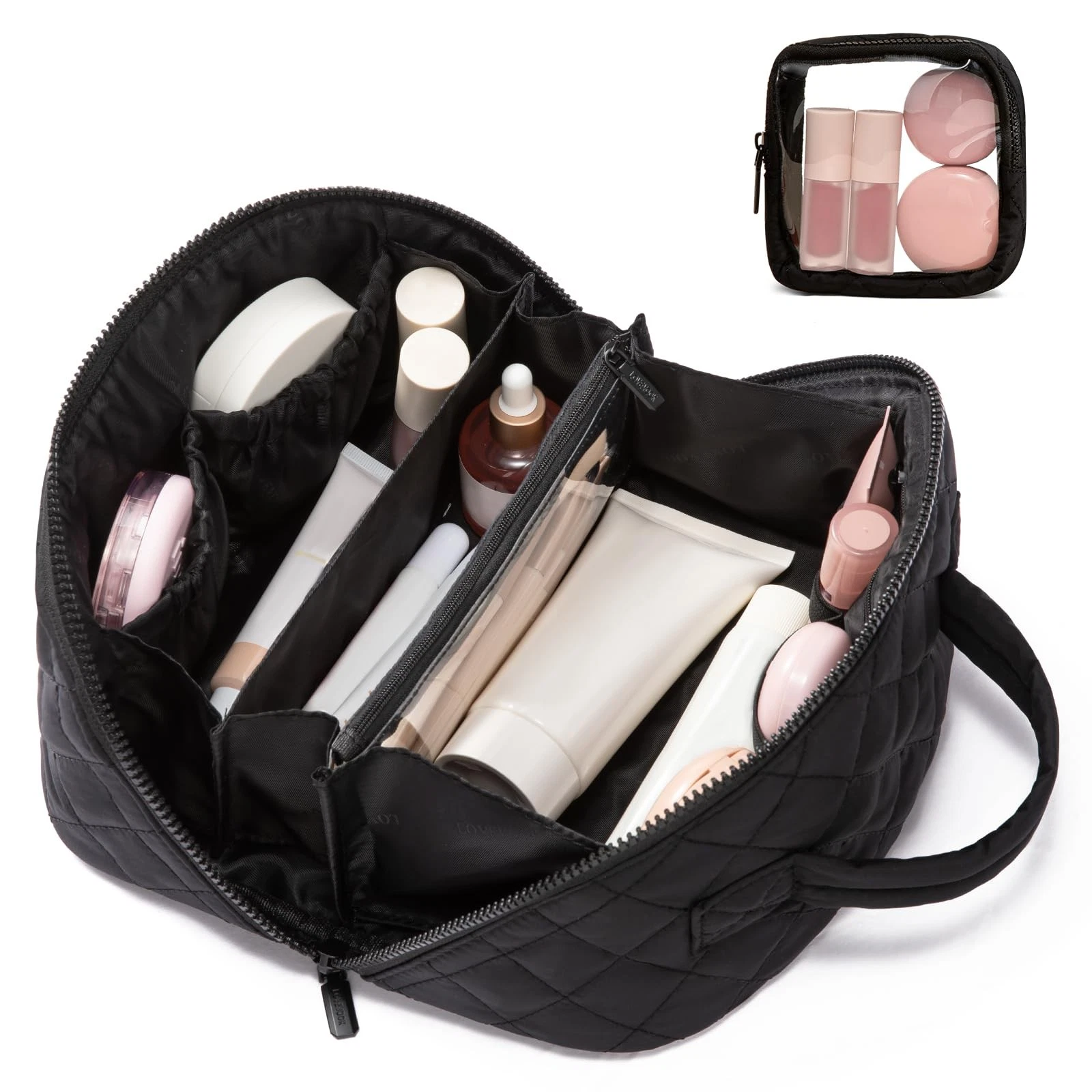 Travel Makeup Bag for Women, 2Pcs Puffer Waterproof Cosmetic Organizer, Large...