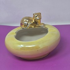 Vintage Yellow Porcelain Ashtray With Gold Cat Figurine Trim