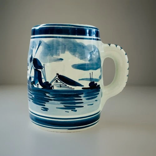 Blue Delft Handpainted Ceramic Mug Dutch Windmill Scene Holland 4.5”