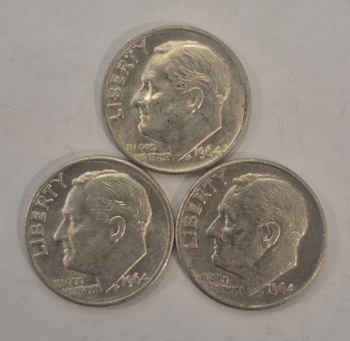 Lot of 3 ~ 1964 D, 90% Silver Roosevelt Dimes. Good Condition!