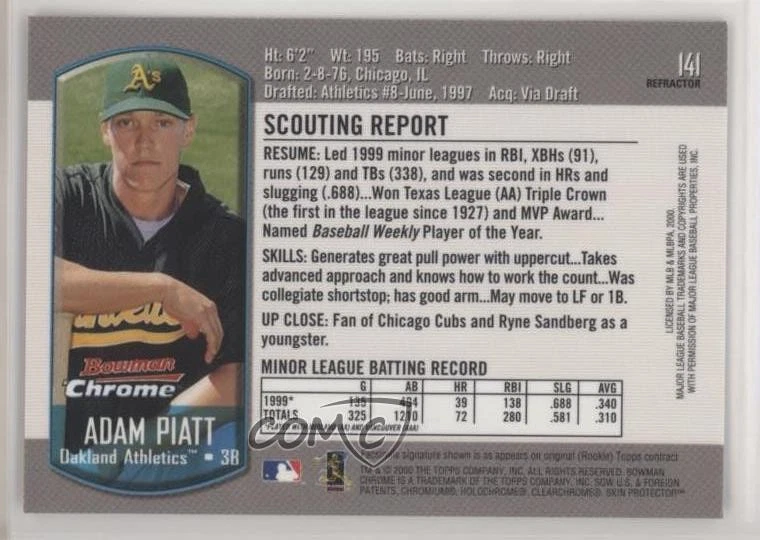 2000 Bowman Chrome Refractor Adam Piatt #141 - Image 2 of 2