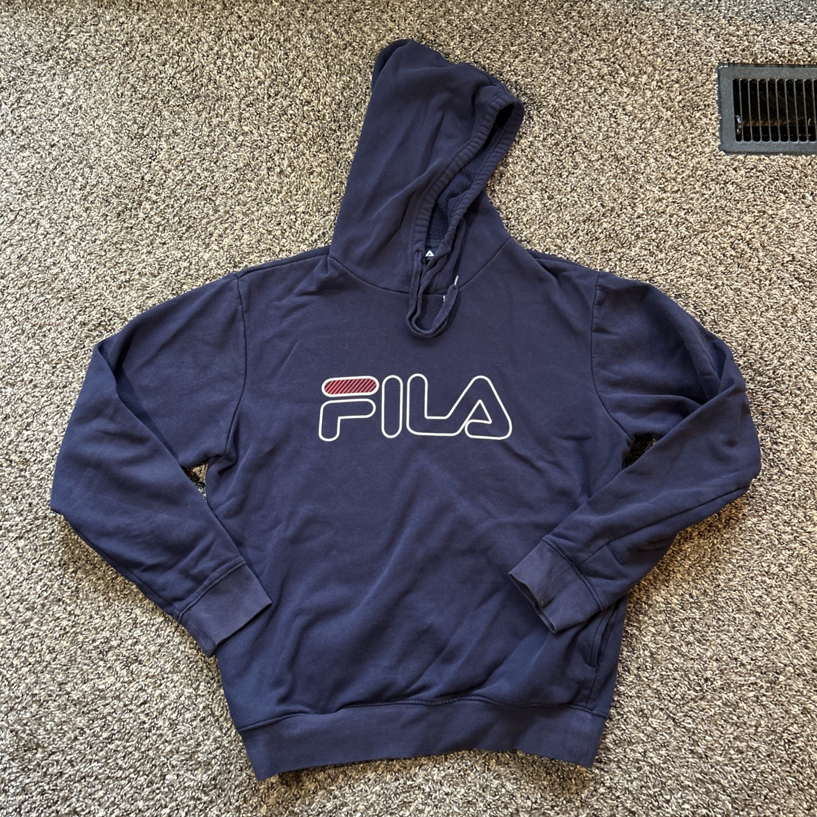 Felpa uomo vintage FILA blu navy logo taglia media con cappuccio