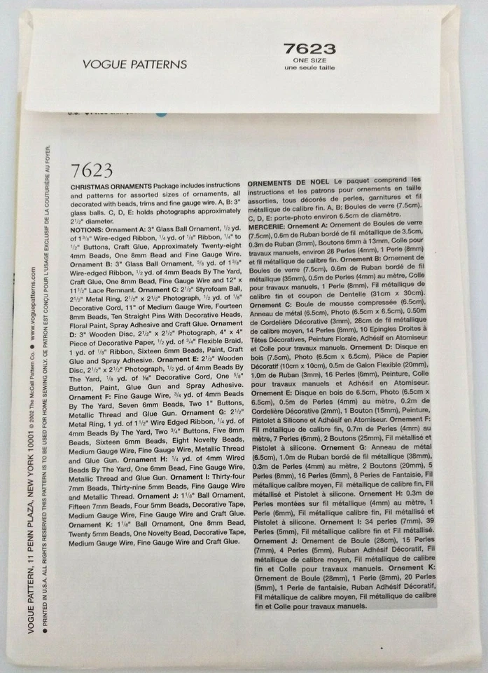 Vogue Craft Pattern #7623 Christmas Ornaments Package Decoration Picture Frame O - Image 3 of 4