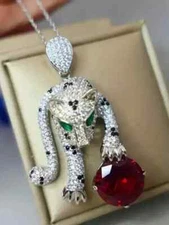 2Ct Round Lab-Created Ruby Leopard Animal Panther Pendant 14K White Gold Plated
