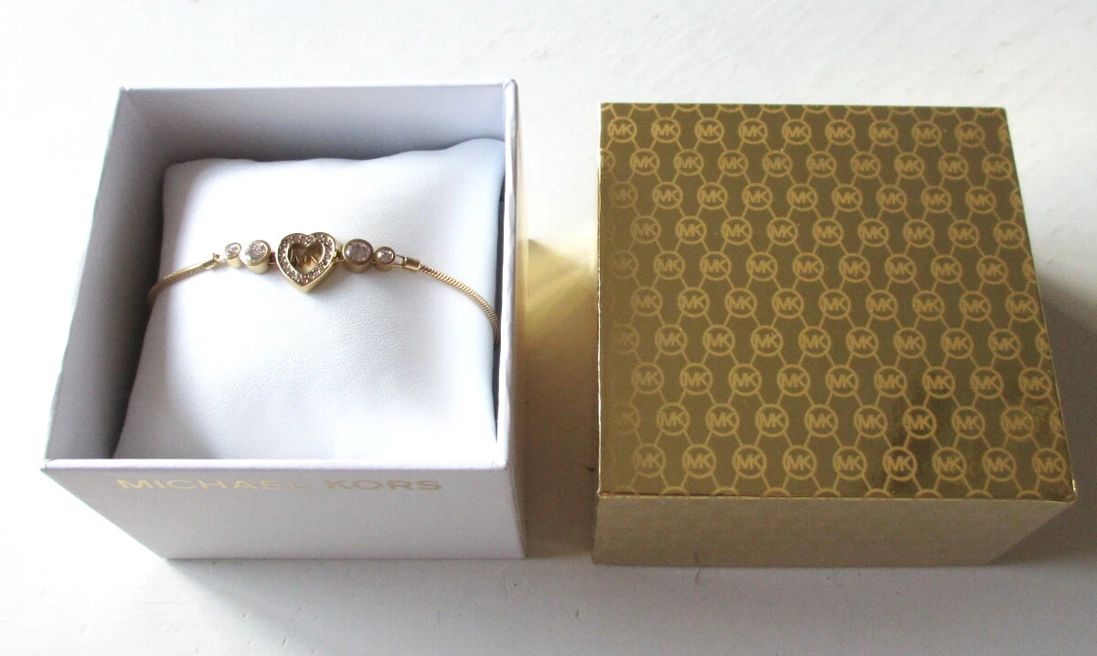MICHAEL KORS Heart Crystal MK Logo Gold Tone Slider Bracelet 