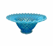 Fenton Blue Opalescent Hobnail Scalloped Flared Dish Bowl 7" x 3" Vintage