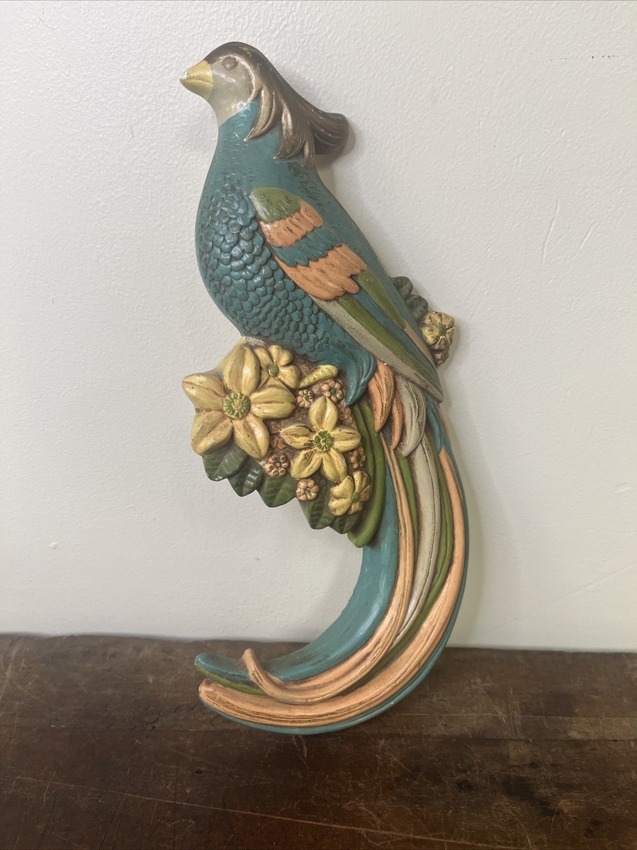 Vintage Retro Bird of Paradise On Flowers Chalkware Wall Hanging