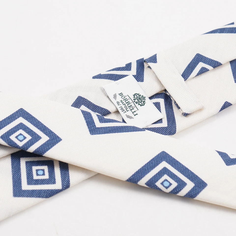 Luigi Borrelli Slim Width Blue-Ivory Geometric Jacquard Print Silk Tie NWT - Image 2 of 3