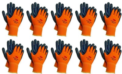 3M Nitrile Rubber Coated Nylon Work Gloves, Thin, Washable Bulk 10 Pack Orange