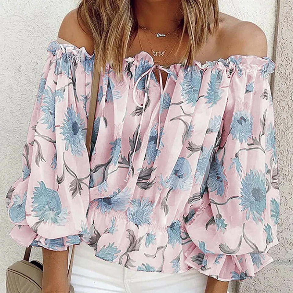 Women Blouse Chiffon Tops Floral Print Long Sleeve Off Shoulder Floral Shirts - Image 2 of 4