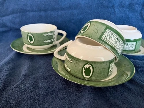Set Of --5-- Vintage Colonial Homestead by Royal Green Coffee Tea Cups/Saucers