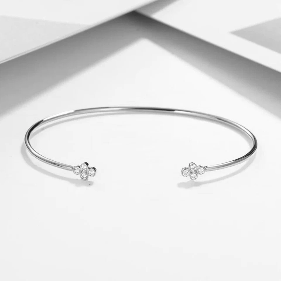 0.16 Ct Natural Diamond Open Cuff Bangle Bracelet 7.5" White Gold Plated Silver - Image 3 of 4