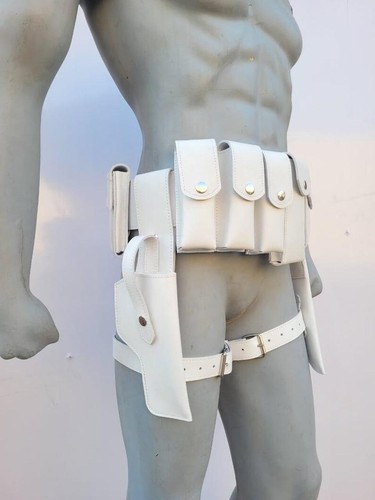 Punisher white leather belt with 1 gun holster, Knife holster and 6 pouches - Picture 5 of 15