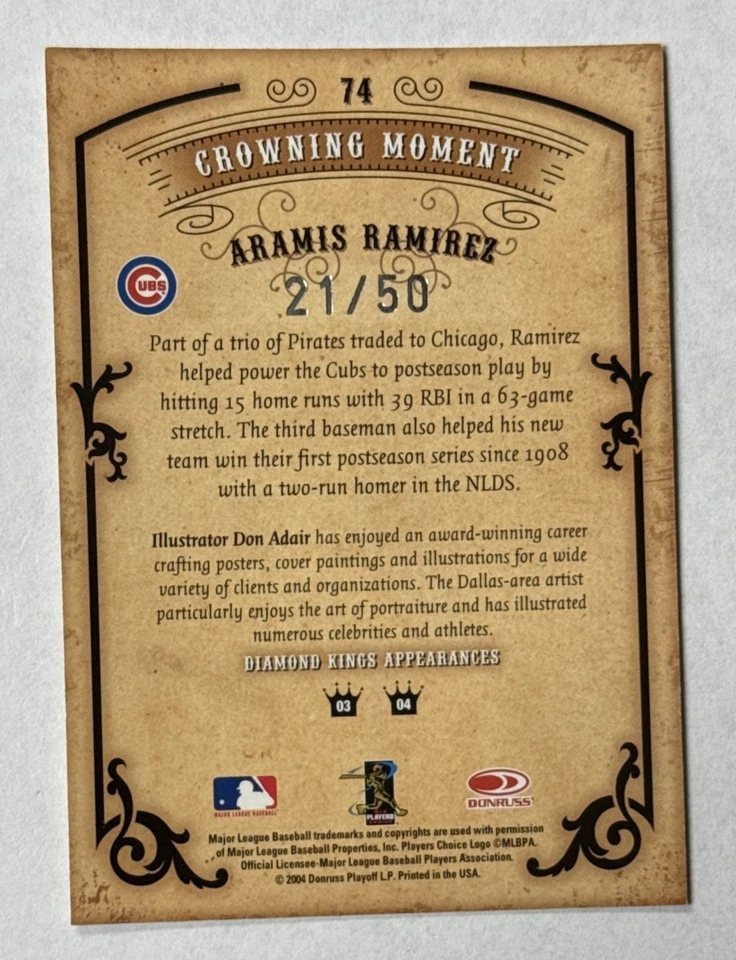 2004 Donruss Diamond Kings Silver 21/50 Aramis Ramirez #74 Ungraded - Image 2 of 2