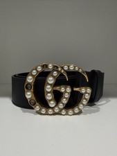 Auth Gucci Pearl GG Marmont black leather belt with a gold-tone buckle