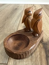 RARE Vintage Folk Art Wood Dish W Birds Nut Bowl Hand Carved