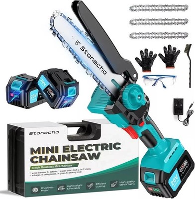 Stonecho Mini Kettensäge 6 Zoll, Elektro Akku, 3 Ketten, 2x4000mAh, schneller Schnitt