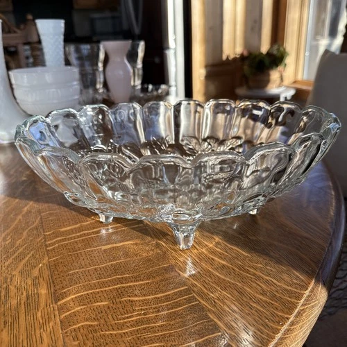 Vintage Indiana Glass Footed Oval Harvest Grape Clear Glass Fruit Bowl 12”