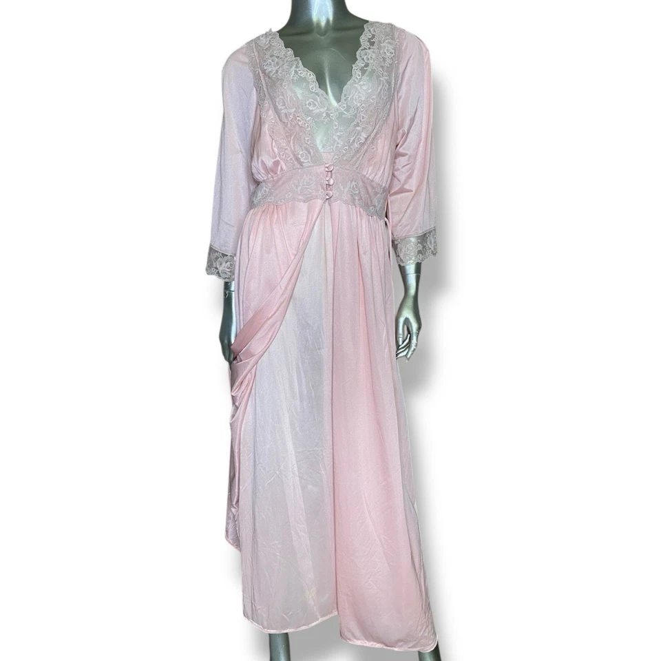 Conjunto de bata y camisón vintage de dos piezas lencería rosa M ribete de encaje con lazo trasero Foto 4 de 4