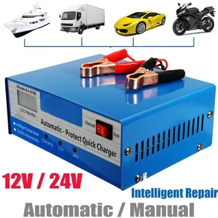 Chargeur de batterie de voiture 12V/24V automatique pour dépanner et recharger au garage