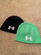 2-UA Youth OSFM Winter Beanie Hats Black/white-Green/white ONE SIZE Read desc