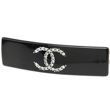 CHANEL CC Logo Rhinestone Black Headband Hair Clip Hairpin Barrette 08P Auth
