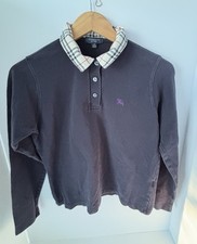Vintage Y2K Burberry Girls MED Navy Blue Cotton Nova Check Polo Made In England