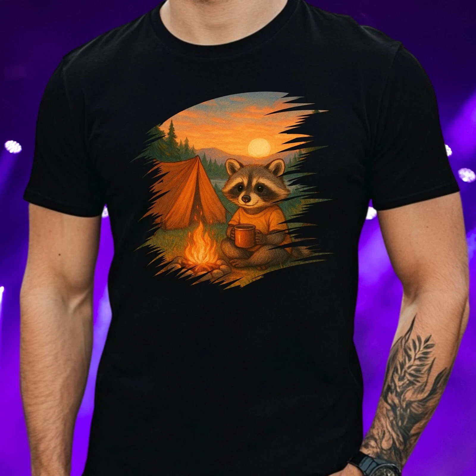 Mens Camping Raccoon Print Cotton T-Shirt Size S to 5XL