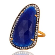 925 Sterling Silver Natural Blue Aventurine CZ Ring 22k Gold Plated Jewelry