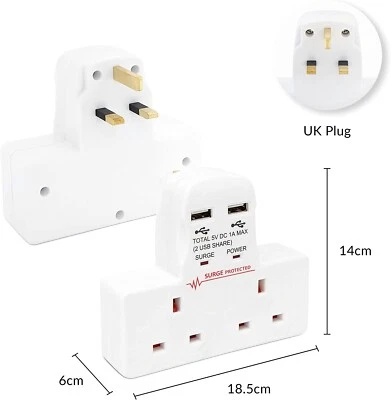 Benross 45600 Standard 2 Way Wall Adaptor Socket / Includes 2 USB Slots / Surge