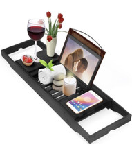 Bamboo Bathtub Caddy Tray for Tub- Expandable Bath Tray - Adjustable Organizer