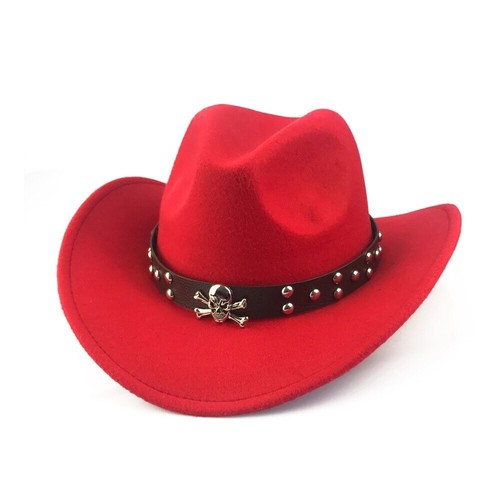 Red Western Skull Cowboy, Cowgirl Hat, Men Women Retro Wide Brim - Picture 3 of 6