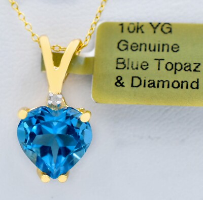 GENUINE 4.25 Cts BLUE TOPAZ & DIAMOND HEART PENDANT 10k  SOLID GOLD - NWT