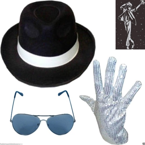 NUOVO Cappello Michael Jackson con Lustrini Guanto Occhiali Deluxe Costume  Gangster Costume | eBay