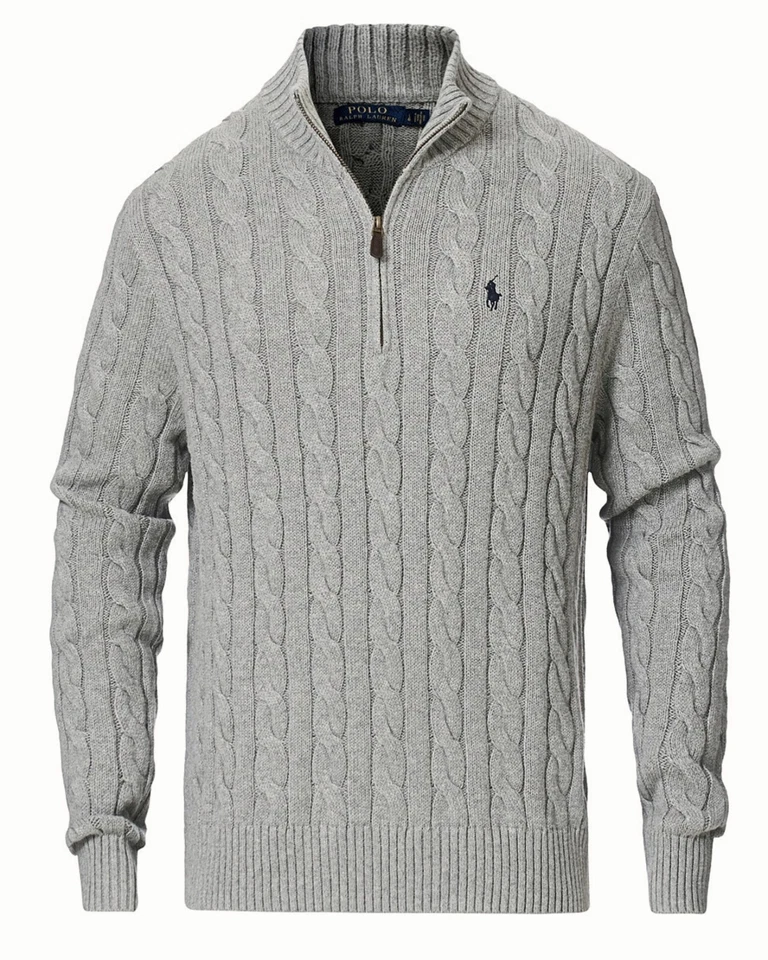 NUEVO CON ETIQUETAS - Suéter Polo Ralph Lauren Para Hombre 1/4 Cremallera Tejido con Cable Algodón: GRIS - M - XXL Foto 2 de 4