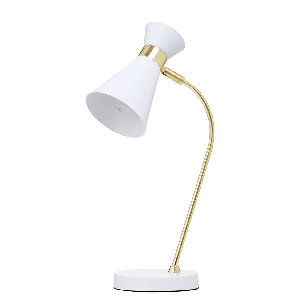 Litecraft Brass Arched Arm Task Table Lamp With Double Cone Shade - White