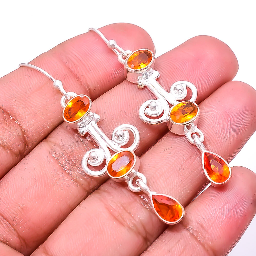 Citrine Multi Collet 925 Sterling Silver Earrings 2.15 Inch Valentine Gift E21