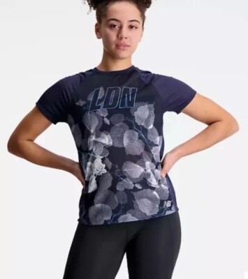 New Balance London Edition Printed Impact Run Navy Short Sleeve Size Medium REFD
