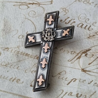Antike Brosche Kreuz Notre Dame Lourdes Fleurs de Lys Gold Antique Cross Brooch